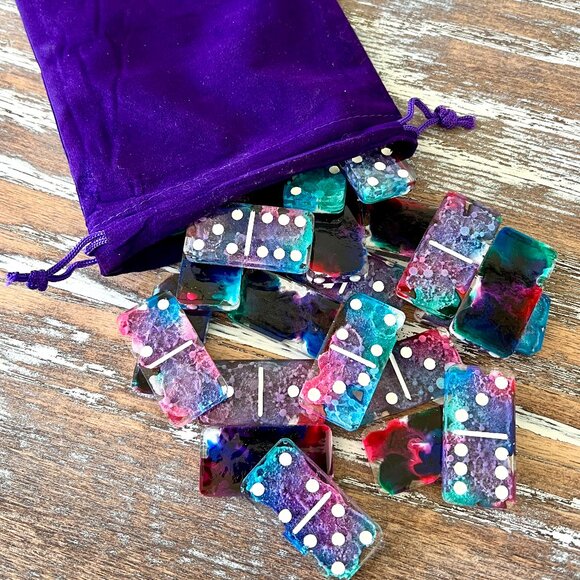 Other - Tie-Dye Alcohol Ink Resin Dominoes Game with Velvet Bag 28 pieces Handmade Gift